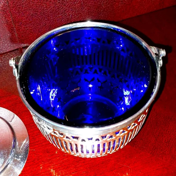 Reed & Barton Sugar Basket w/ Cobalt Blue Glass Insert and Lid